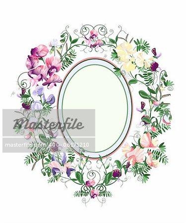 Decorative floral frame from sweet pea flowers and leafs.