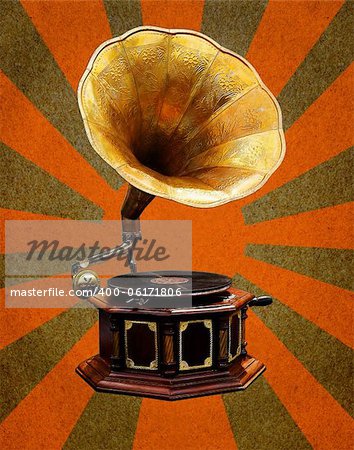 Vintage Gramophone  on grunge paper with abstract sun rays