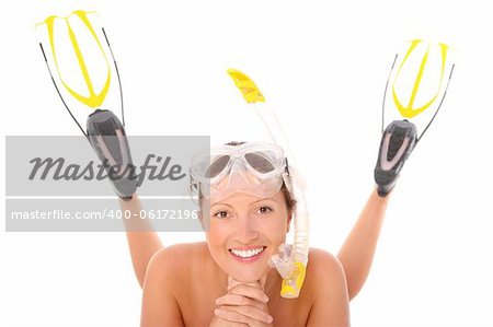 A picture of a young woman with snorkeling equipment smiling over white background