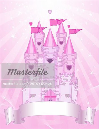 Fairy Tale princess pink castle on radial background with place for your text