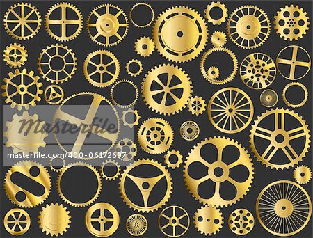 Shiny gold gears, pinions and wheels vector