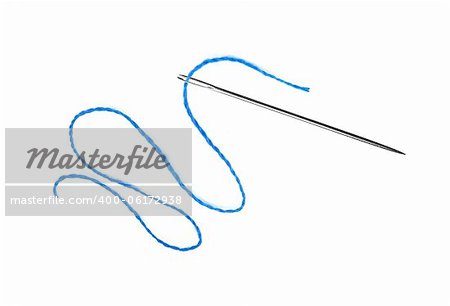 Blue thread and needle isolated on white