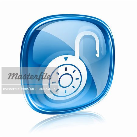 Lock on, icon blue glass, isolated on white background.