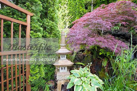 Japanese Inspired Garden with Stone Pagoda Trellis and Maple Tree