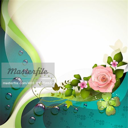 Background with flowers, butterfly and drops of water