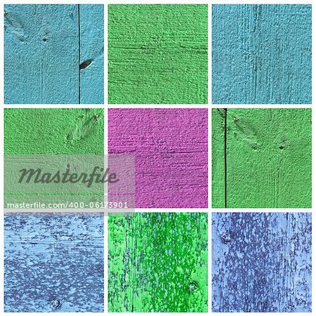 A collection of bright colored wood textures. Blue, green, purple background for design