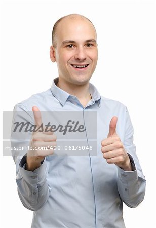 happy man gesturing thumbs up over white background