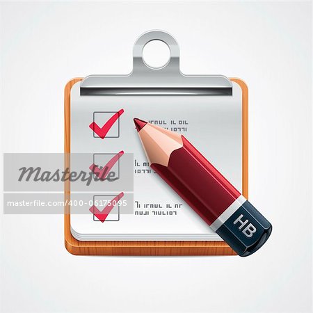 Detailed icon representing  red pencil on wooden clipboard with notepad pages and filled checkboxes