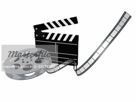 slate board and film reel isolated on white background