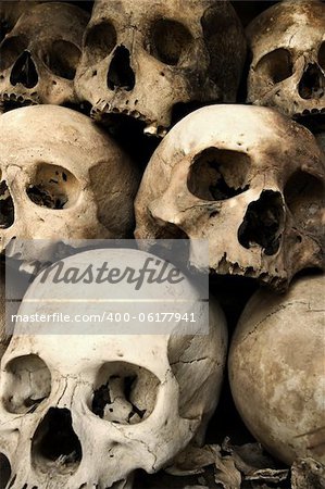 Photo of a pile of skulls from the Killing Fields in Phnom Penh, Cambodia.