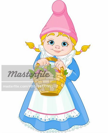 Illustration of cute Garden Gnome Girl with Basket with Flowers and Fruit