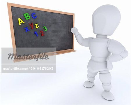 3D render of a man with school chalk board back to school