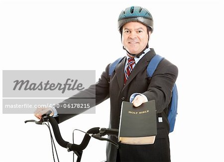 Bicycle salesman or missionary handing you a copy of the bible.  Isolated on white.