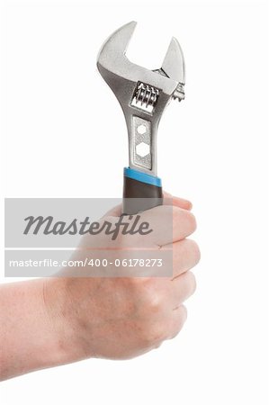 Hand with a wrench isolated on white background