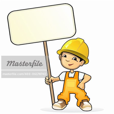 Vector illustration of a young builder with sign
