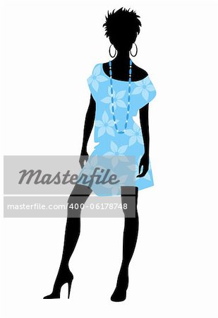 Vector illustration of a girl in blue dress silhouette
