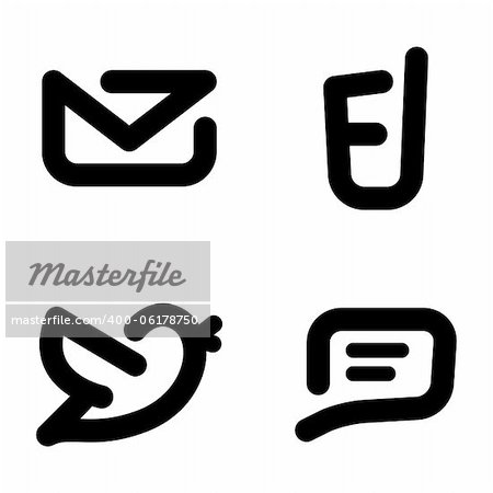 Black vector set of contact information icons: mail, phone, twitter and chat