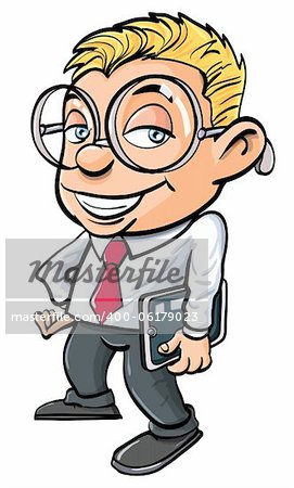 Cartoon cute nerdy office worker with tablet pc