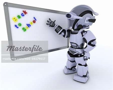 3D render of a Robot with White class room drywipe marker board