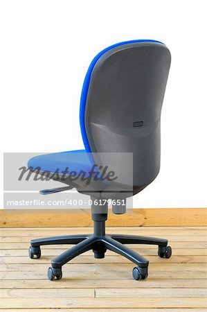 modern blue office chair on wood floor over white background