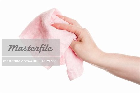 Hand with pink cleaning cloth isolated on white