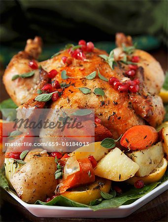 Whole Roast Organic Chicken with Potatoes, Carrots and Pomegranates