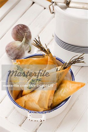 Greek samosas (feta-spinach filling and fig-walnut filling)