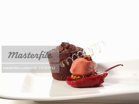 Pink pepper chocolate tart with tamarillos and guava sorbet