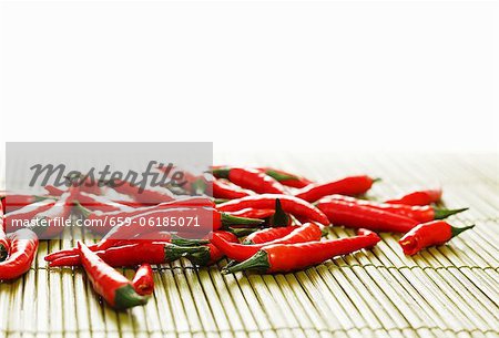 Red chillies on bamboo mat