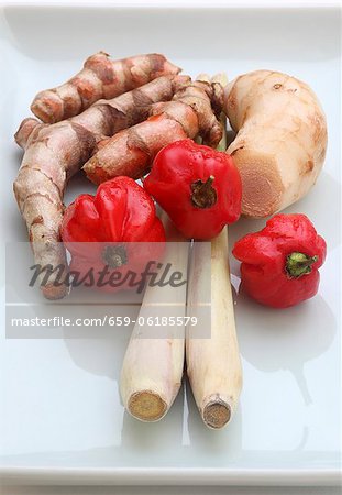 Turmeric roots, galangal, lemongrass and chilli Peppers