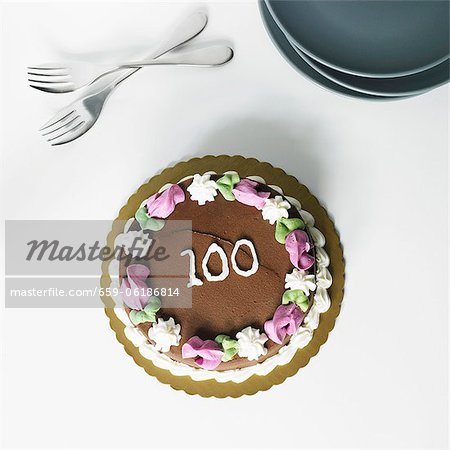 Chocolate Frosted Birthday Cake with the Number 100 On It; From Above