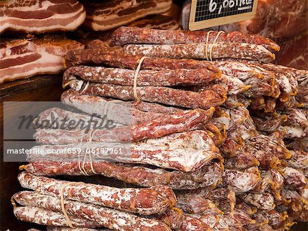 Dry-Cured Sausages at the Chamonix Saturday Morning Market; Haute-Savoie, France Dry-Cured Sausages at the Chamonix Saturday Morning Market; Haute-Savoie, France