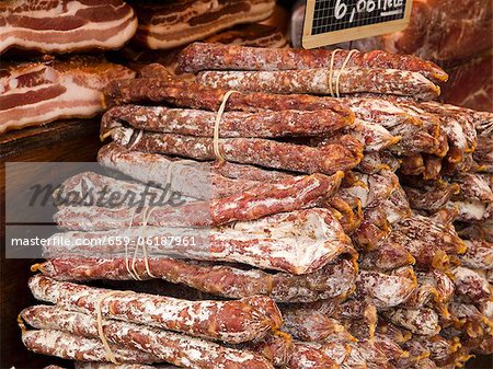 Dry-Cured Sausages at the Chamonix Saturday Morning Market; Haute-Savoie, France