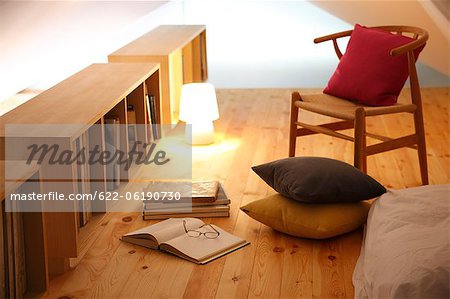 Coussin, livres et chaise dans une pièce éclairée avec étagère