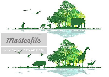 Tierwelt-Illustration, Tiere und Bäume