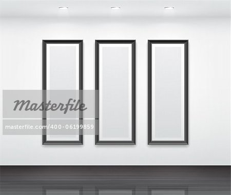 Gallery Interior with empty black frames for triptych.