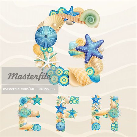 Vector sea life font on sand background. Check my portfolio for other letters, and numbers.