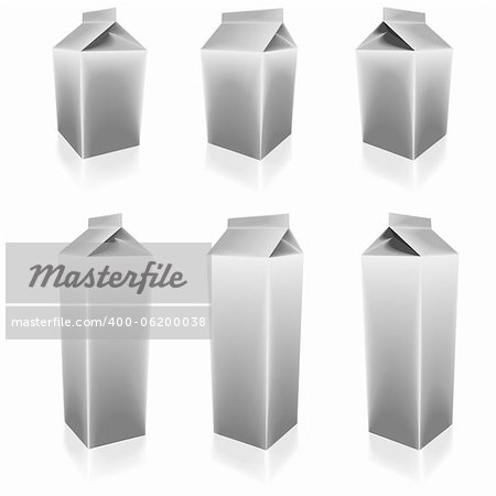 illustration of a set of blank milk packs with different sizes and angles