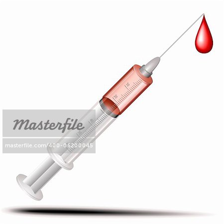 illustration of a syringe with red vaccine and blood drop