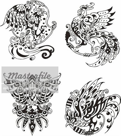 Stylized roosters. Set of black and white vector illustrations.