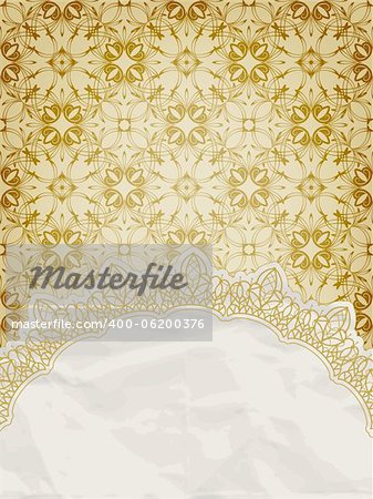 vector lacy napkin on floral background, if you use vector version, you can use floral background as seamless pattern and the whole crumpled paper napkin with golden laces, eps 10, gradient mesh