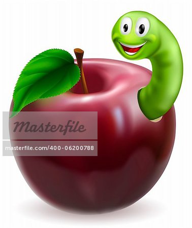 Illustration of a cute happy green caterpillar or worm coming out of a juicy red apple
