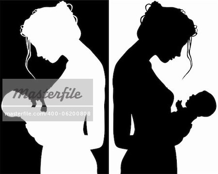 black and white silhouettes of mother and child