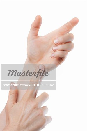 A close-up shot of hands holding and pointing at nothing. Space for text or product to be placed in hand. Isolated on white.