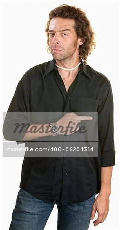 Attractive European man with finger pointing sideways