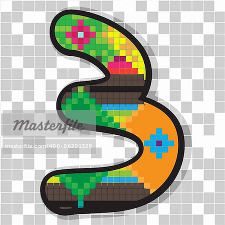 Funny fat figure 3 decorated with abstract ethno pixel-art model over neutral mosaic