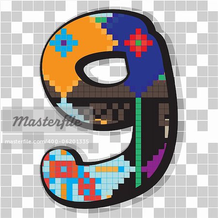 Funny fat figure 9 decorated with abstract ethno pixel-art model over neutral mosaic