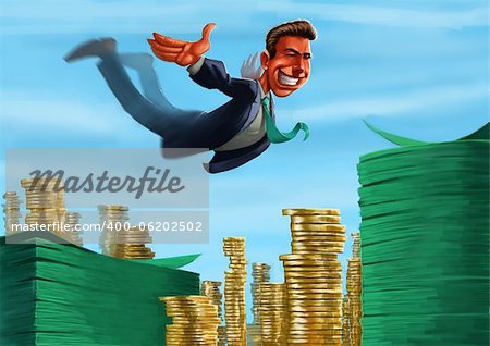 young executive jumping to a lot of coins and notes
