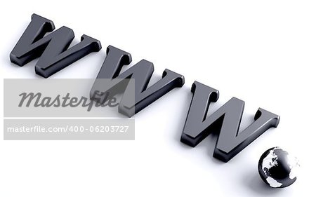 Dark metallic letters www and the globe on a white background