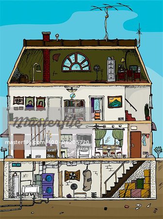 3-story old house cartoon cross section with basement